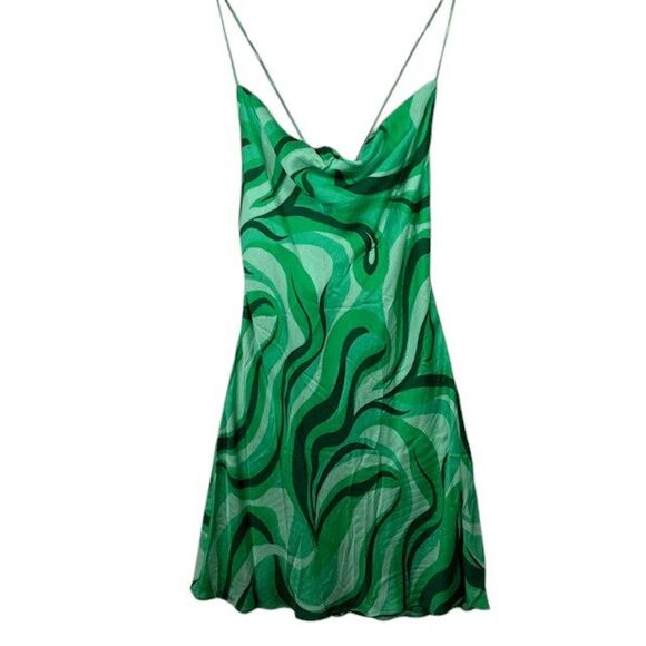 ZARA Slip Dress Draped Neck Spaghetti Strap Satin Green Swirl Print Size Small - Picture 2 of 8